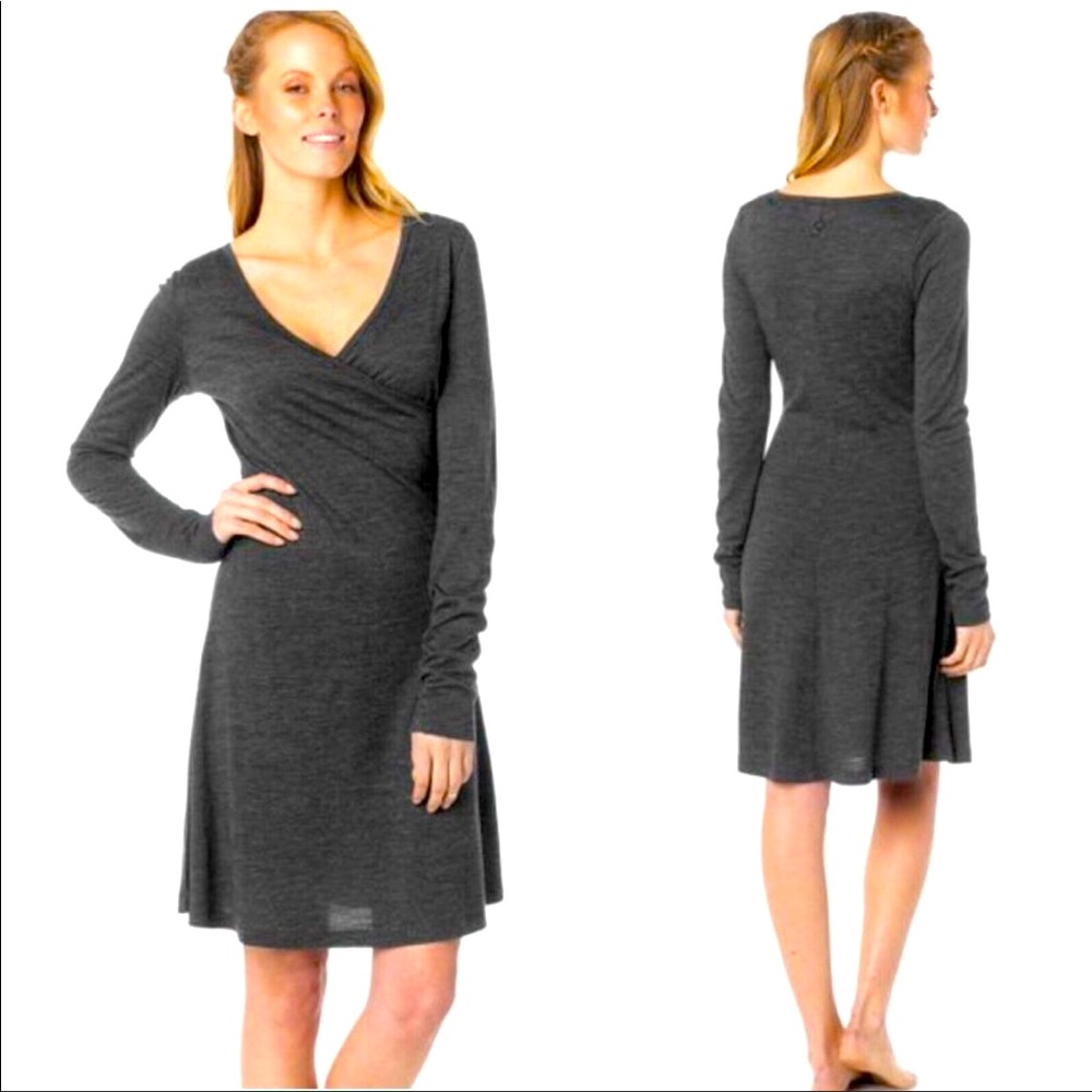 PrAna Nadia faux wrap sweater dress; charcoal